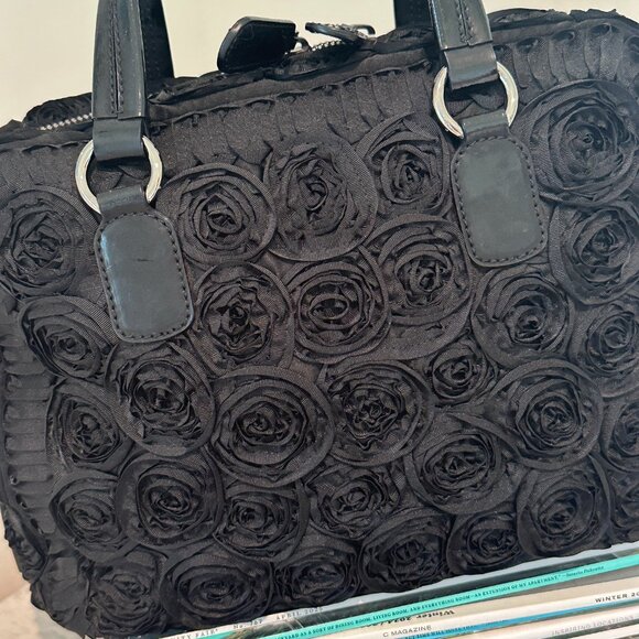Valentino Garavani Rosier Black Fabric Applique Flowers Tote Bag Handbag - Picture 6 of 8